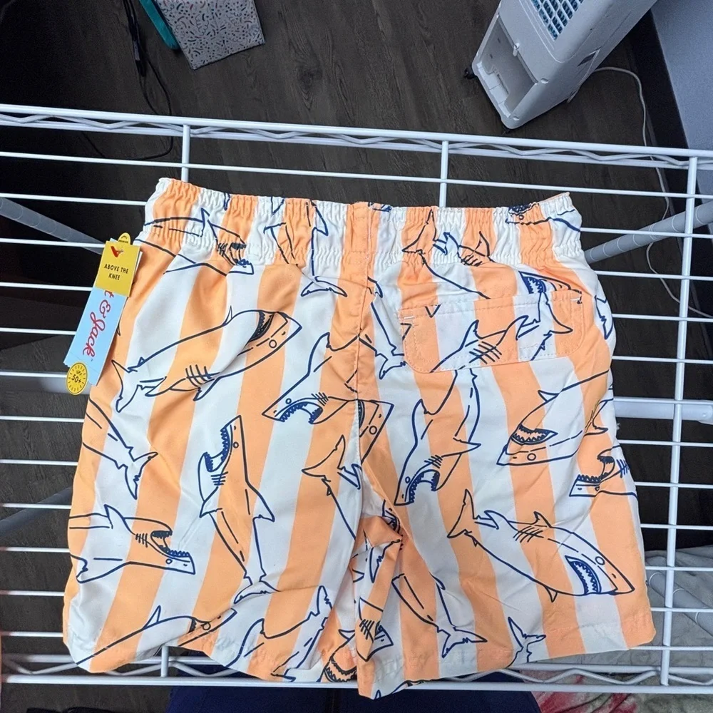 NWT Cat & Jack Irish Twin 4/5yo & 6/7yo JAWS Orange & White Striped Swim Shorts